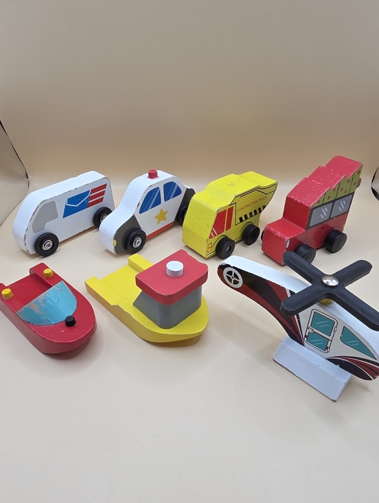 Other - 7 Chunky Wooden Vehicles Helicopter Boats Police Car Mail Truck Preschool